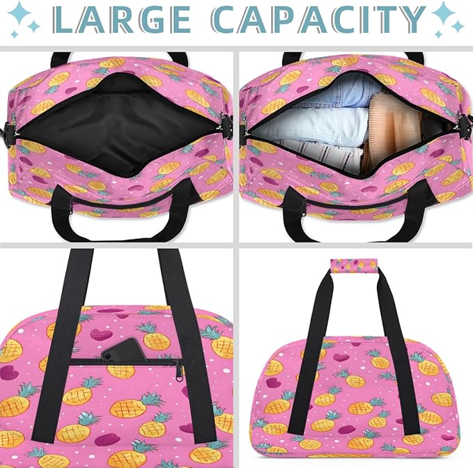 Duffle Bag for Women Men, Pink Pineapple Heart Gym Bag for Travel Sports, Lightweight Waterproof Weekender Overnight Bags with Adjustable Strap