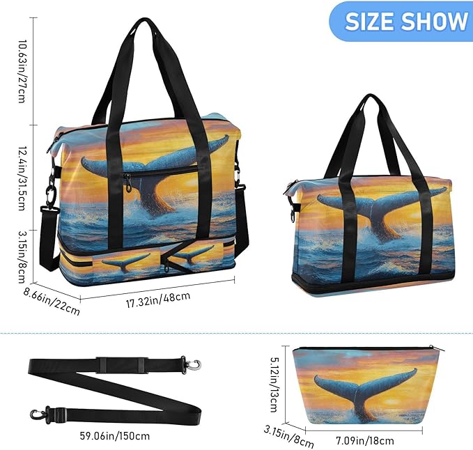 Travel Duffel Bags for Women Blue Whale Tail Ocean Sunset Sports Duffel Bags Gym Bags with Shoes Compartment Tote Bag Weekender Bag for Travelling
