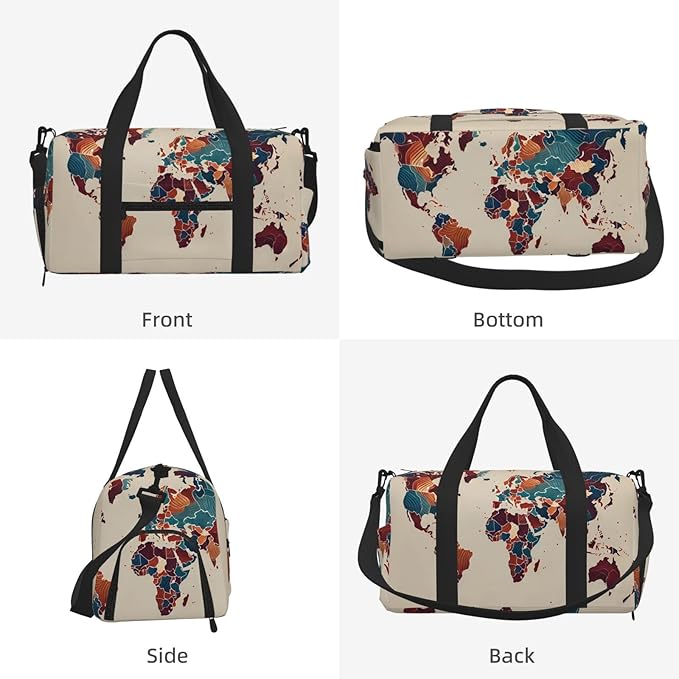World Map Outline Print Gym Bag with Shoe Compartment for Women Men, 17.7in Sports Duffle Weekender Tote, Overnight Travel Duffel Bag Carry On
