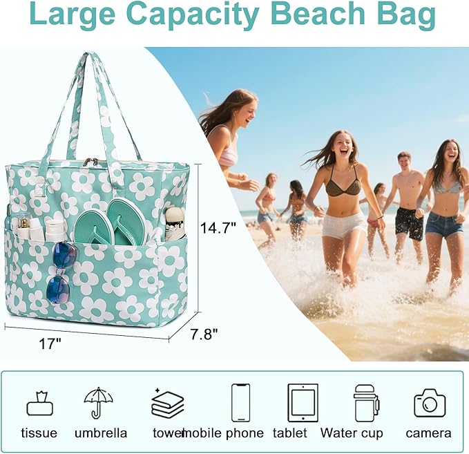 LEDAOU Large Beach Bag Women Waterproof Sandproof Zipper Beach Tote Pool Bag for Swim Gym Grocery Travel with Wet Pocket | Waterproof, Sandproof, Zipper, Pool, Gym, Grocery