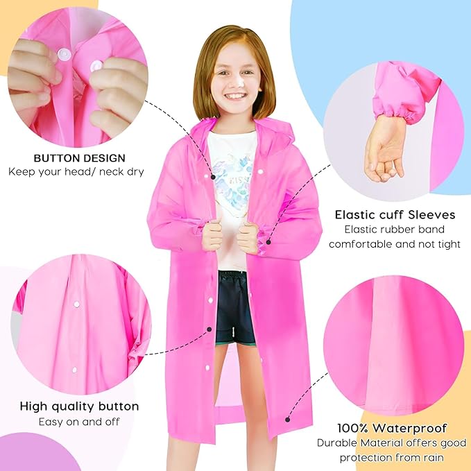 BFONS Rain Ponchos for Kids, Reusable Raincoats for Boys Girls with Hood and Sleeves, Waterproof Rain Jackets for Travel Outdoor Pink 2PCS
