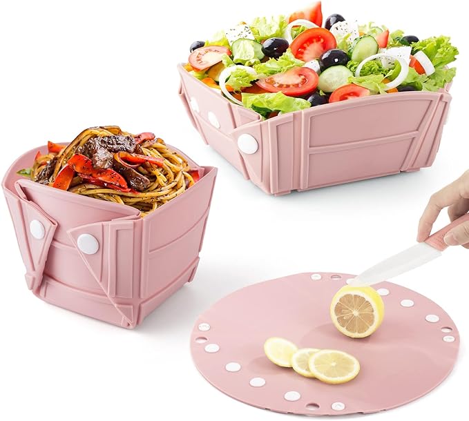 Collapsible Bowls, Silicone Flat Stacks Collapsible Food Storage Containers for Holding Water, Food, Versatile Portable Camping Essential Tool for Camping, RVs, Pink (Cup, Bowl, Dish)