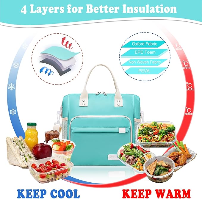 TuErCao Preppy Lunch Box for Women Aesthetic Insulated Lunch Bag for Young Ladies Female, Teal