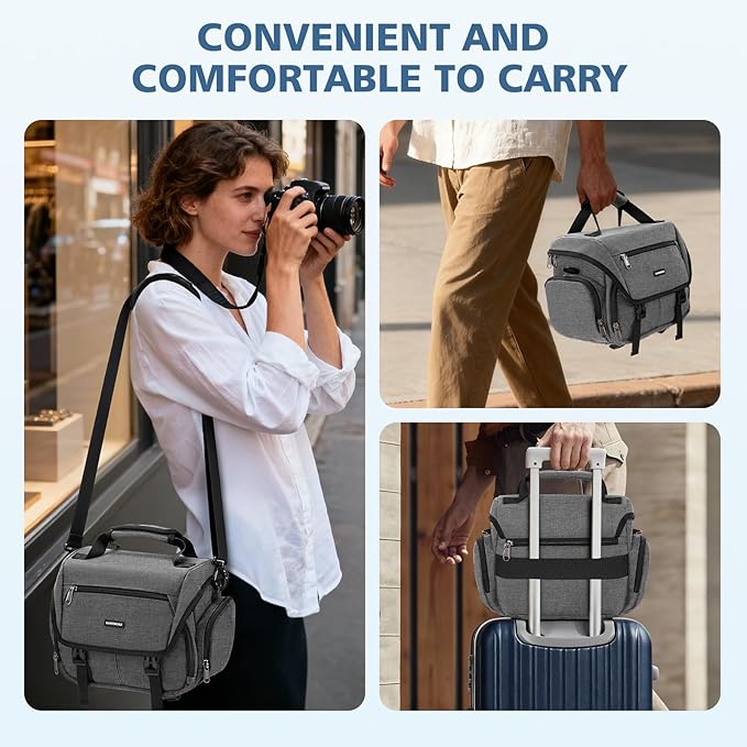 RAINSMORE Camera Bag, DSLR/SLR/Mirrorless Camera Sling Bag for Photographers Waterproof Small Camera Case with Tripod Holder & Rain Cover Camera Crossbody Bag for Canon/Nikon/Sony/Fuji, Grey