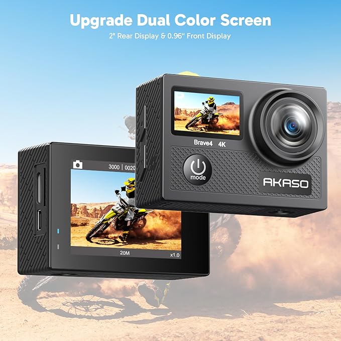 AKASO Brave 4 Action Camera with 128GB MicroSDXC U3 Card 4K30FPS 20MP Ultra HD 131FT Waterproof Underwater Camera EIS WiFi Remote Control 5X Zoom Sport Camera with Motorcycle Bicycle Accessories Kit