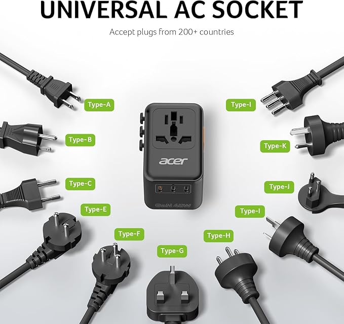 Acer 45W GaN Universal Travel Plug Adapter - International Power Adapter with 3 USB C & 1 USB A, Worldwide Power Outlet Travel Essentials for USA to European UK AUS Ireland, Type C/G/I/A, Black