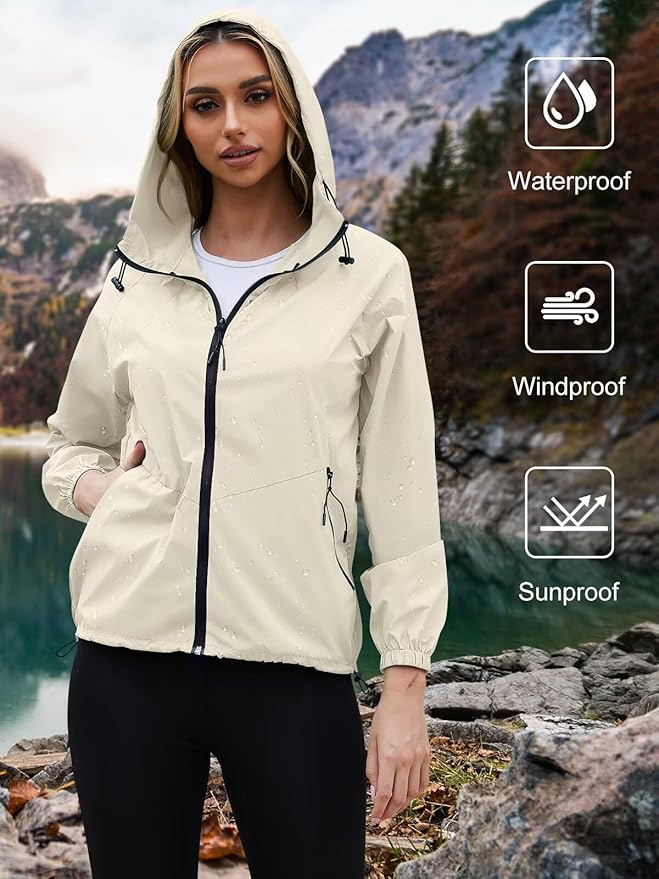PITINAN Lightweight Rain Jacket Women Packable Wind Breaker Light Rain Jacket Women Waterproof Travel Raincoat S-XXL