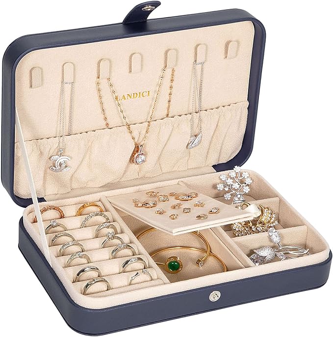 LANDICI Small Jewelry Box for Women Girls, PU Leather Travel Jewelry Case, Portable Jewelry Organizer Storage Holder Display for Ring Earrings Necklace Brooch Men Kids Gift, Dark Blue
