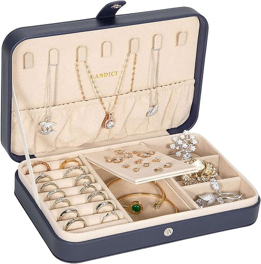LANDICI Small Jewelry Box for Women Girls, PU Leather Travel Jewelry Case, Portable Jewelry Organizer Storage Holder Display for Ring Earrings Necklace Brooch Men Kids Gift, Dark Blue