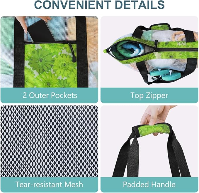 ASL Mesh Beach Bag with Cooler Compartment for Women, 2-in-1 Print Travel Tote 30L with Zipper and Pockets, Pool Picnic