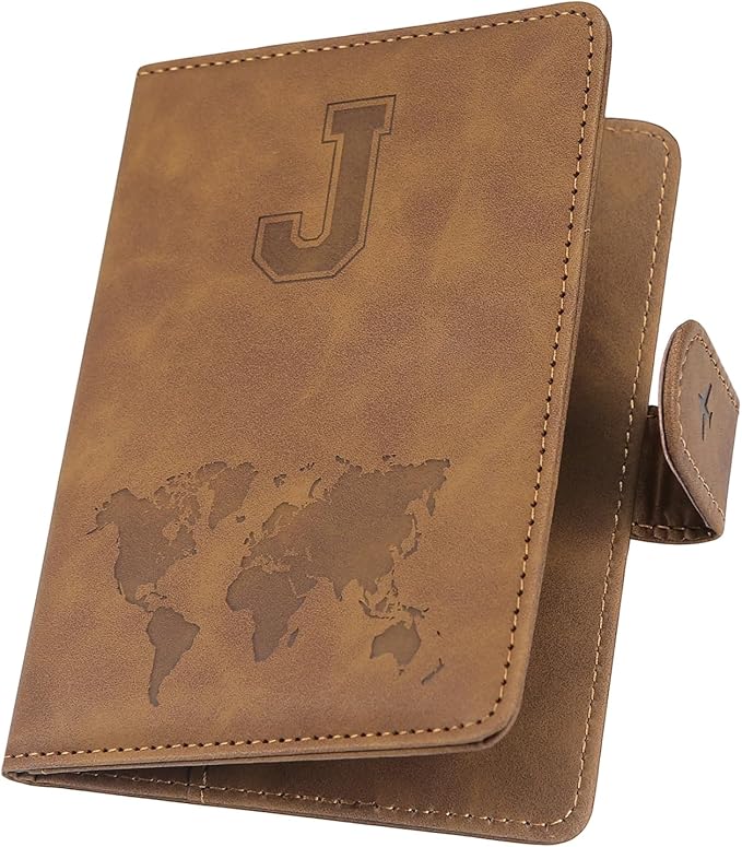 Personalized Passport Holder – Initial Letter Passport Cover with RFID Blocking, Holds 2 Passports, Slim PU Leather Unisex Travel Wallet, Brown J