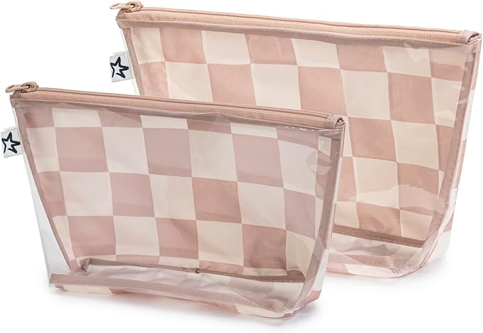 Tiny Twinkle Diaper Bag Organizing Pouches | 2 Pack Mess-Proof Travel Organizer Bags with Structured Bottom & Clear Front | TSA Approved Toiletry Bag Set for Baby and Mom Essentials (Beige Checkers)