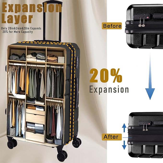 Hoteel Expandable 5 Piece Luggage Set (4-YEARS WARRANTY) ABS+PC Hardshell Carry on Suitcase Silent Universal Wheels & TSA Lock for, Unisex Rolling Suit Case, for Travel, Family, Beige(20/24/28/DB/TB)