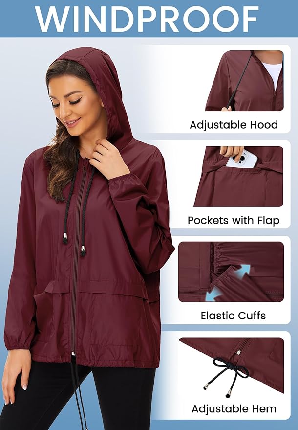 Zando Lightweight Rain Jacket Women Waterproof - Raincoat for Women Packable Rain coat Hooded Windbreaker for Travel Outdoor