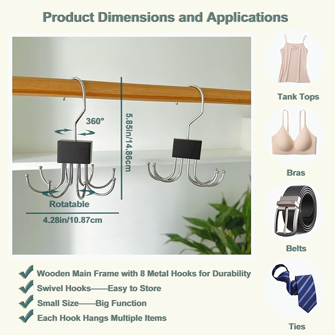 4 Pack Tank Top Hanger,Bra Hanger for Closet Organizer,Wooden Bra Storage Organizer with 8 Rotatable Metal Hooks for Space Saving,Foldable Bras Holder for Belts,Tank Tops,Ties(Black)