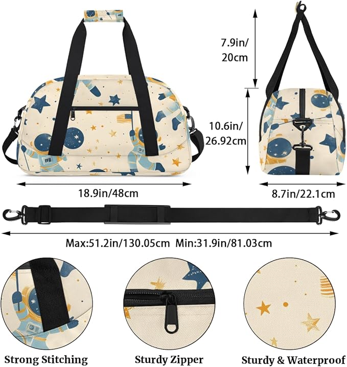 Cute Astronaut Gym Travel Duffle Bag for Women & Men with Front Zipper Pocket for Sports, Overnight, Weekender, Carry On,Workout & Dance Bag,Cute Space,18.9 * 8.7 * 10.6 in