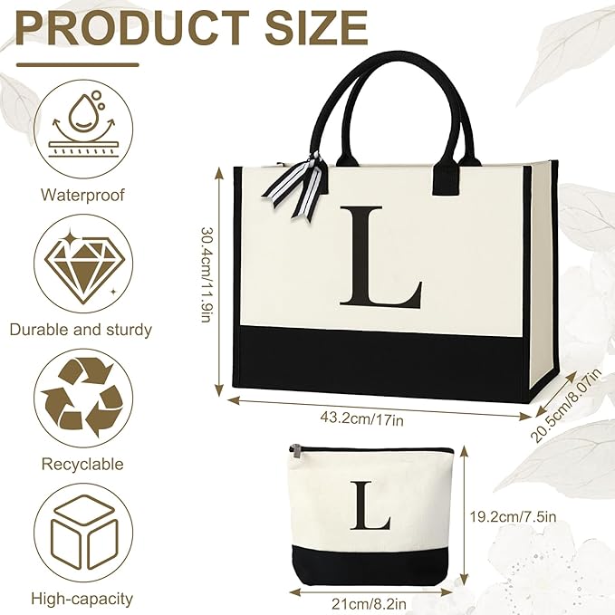 Personalized Canvas Tote Bag for Women Makeup Pouch Initial Beach Bag Removable Bottom Board for Travel Birthday
