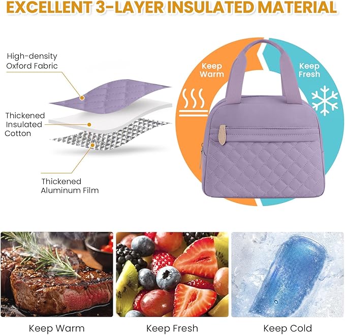 Insulated Lunch Bag for Women, Portable Lightweight Lunch Box for Adults, Reusable Small Lunch Tote Cooler Bags with Front Zipper Pocket for Work School Picnic(Purple)