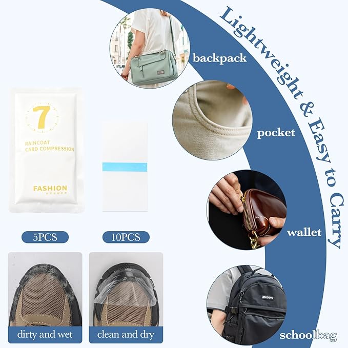 Disposable Rain Ponchos for Adults, 5Pcs Card-Sized Emergency Ponchos with Hood Clear Ponchos Family Pack for Travel, Waterproof PE Raincoats with 10Pcs Shoe Toe Sticker for Women, Men, Kids