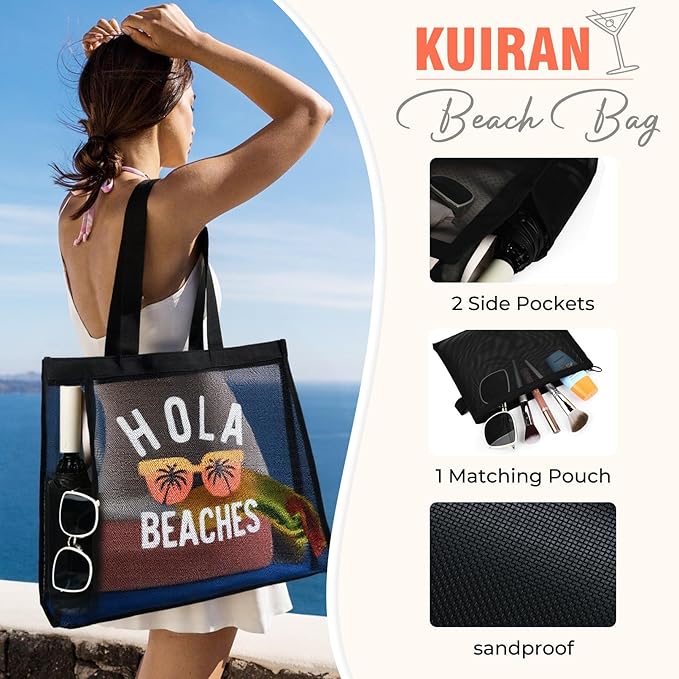 30L Large Beach Bag with Pouch Foldable Sandproof Lightweight Mesh Tote Bag with Two Pockets for Swimming Travel