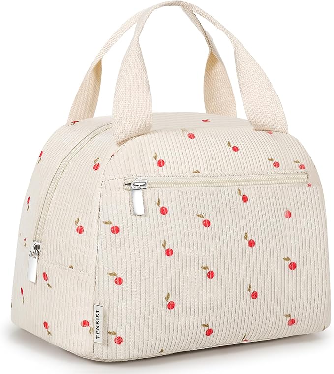 Cute Lunch Box Tote Bag - Corduroy Insulated Cooler Bags for Women - Lightweight Reusable Portable Soft Lunch Pail Kit for Kids Teen Girl Adults Work School Picnic Travel Cherry 12L