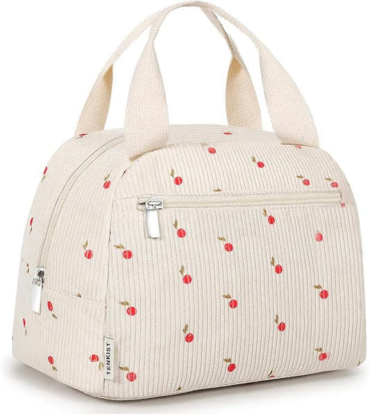 Cute Lunch Box Tote Bag - Corduroy Insulated Cooler Bags for Women - Lightweight Reusable Portable Soft Lunch Pail Kit for Kids Teen Girl Adults Work School Picnic Travel Cherry 12L