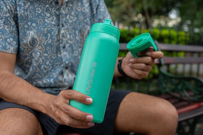 LifeStraw Go Series — Insulated Stainless Steel Water Filter Bottle for Travel and Everyday Use Removes Bacteria, Parasites and Microplastics, Improves Taste, 24oz Nordic Noir