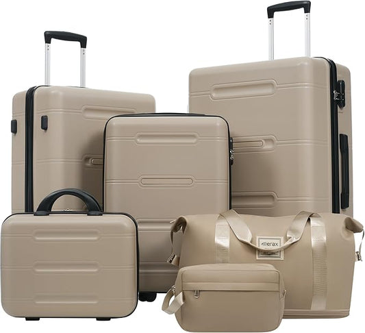 Merax Luggage Set 6 Piece,Lightweight Hardshell Suitcase with Double Spinner Wheels Handle Password Lock,14 IN Cosmetic Case 20/24/28 IN Luggages with Duffel Bag and Toiletry Bag,Khaki
