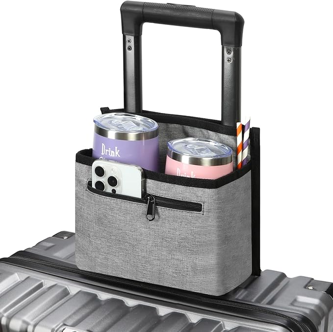 Luggage Travel Cup Holder Attachment for Suitcase Drink Carrier Caddy, Coffee Mug and Tumblers, Traveler Carry on Hands Free Accessory- Gifts for Flight Attendants Travelers Accessories
