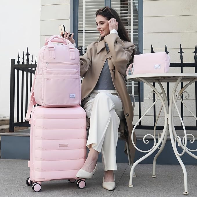 Luggage Sets 5 Pieces, PP Hardshell Suitcase Set with Spinner Wheels, Suitcases for Women (Pink)