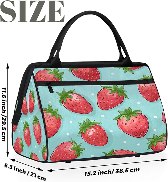 Gym Bag for Women Men, Cute Strawberry Polka Dot Sports Duffel Bags, Waterproof Travel Weekender Overnight Carry On Tote Bags for Travel Sports