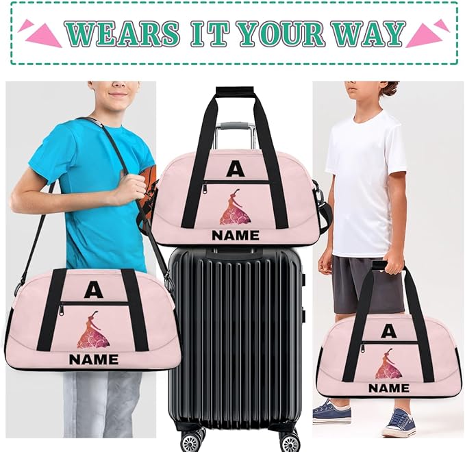 Personalize-Kids-Sports-Duffel-Bags With Custom Name Text Carry-On Overnight Travel Gym Lightweight Dance Pattern Sports Bags For Girls Boys Kids,Pink 2