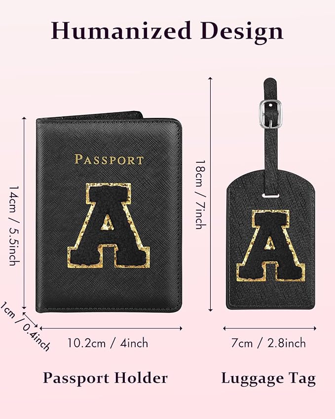 Slohif Passport Holder Initial Lugguage Tag Set Suitcase Cover Wallet Case for Travel Women - Leather Letter Passport Book Personalized Organizer Card Protector Sleeve Essentials Slim Carrier Black A