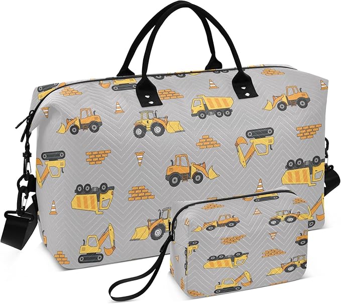 Travel Duffle Bag, Yellow Excavator Truck Gym Bag with Storage Bag Weekender Overnight Bag for Men Women Trip Sports Yoga