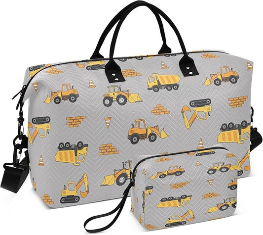 Travel Duffle Bag, Yellow Excavator Truck Gym Bag with Storage Bag Weekender Overnight Bag for Men Women Trip Sports Yoga