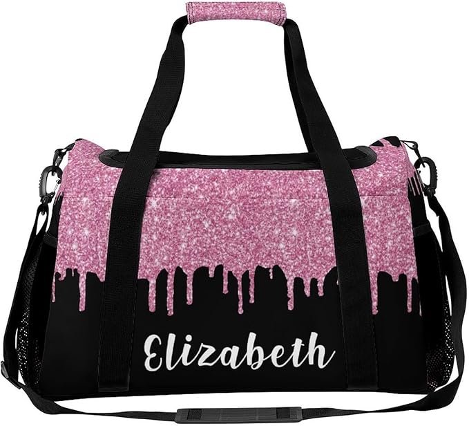 Pink Black Sparkle Glitter Print Waterproof Duffel Bag Gym Dance Sport Perform Training Bag for Teens Adults Women Men Handheld Crossbody Travel Bag