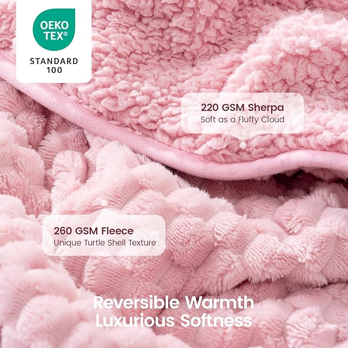 Super Fuzzy Soft Fleece Sherpa Weighted Blanket 15 lbs for Adults, 3D Imitation Turtle Shell Luxury Weighted Throw for Better Sleep, Dual Sided Cozy Heavy Blankets for Couch Bed, Pink, 60" x 80"