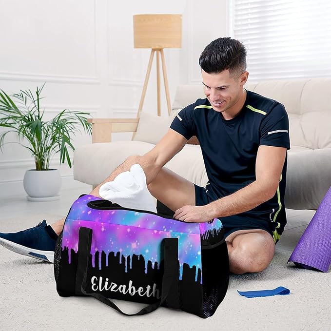 Personalized Starry Blue Pink Sparkling Print Duffle Bag with Name for Women Man Custom Travel Perform Training Bag for Men Women Luggage Bag
