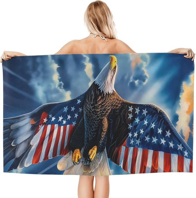 Microfiber Beach Towel, American Flag Eagle Beach Towels 32x52in,Quick Dry, Sand Free, Ultra Soft & Oversized Towel for Travel, Bathroom, Swimming - Ideal for Pool, Camping, Yoga, or Gift Decor