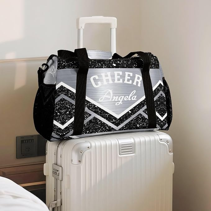 Cheer Silver Black Grey Cheering Stripes Tote Bag, Customized Duffel Bags Weekender Overnight Bag Travel Bag Personalized Gift Gym Bags Luggage Bag