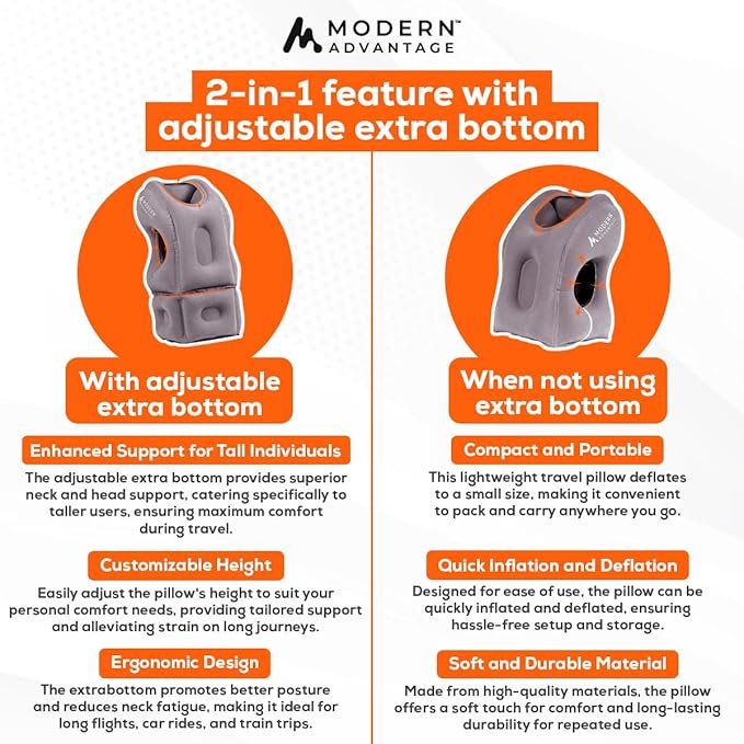 Modern Advantage Inflatable Travel Pillow with Adjustable Extra Bottom Support Neck Pillow for Chin & Head Stability Prevents Neck Pain Plane Pillow for Long Flight Travel Eye Mask & Earplugs - Grey
