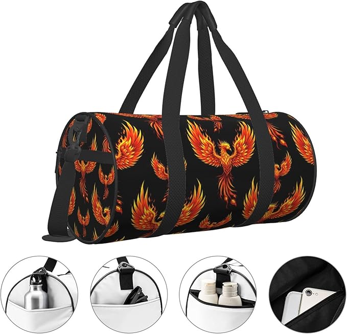 Gym Bag for Men Women Fire Flame Bird Black Art, Small Fitness Workout Sports Bag Water Resistant Overnight Weekender Duffel