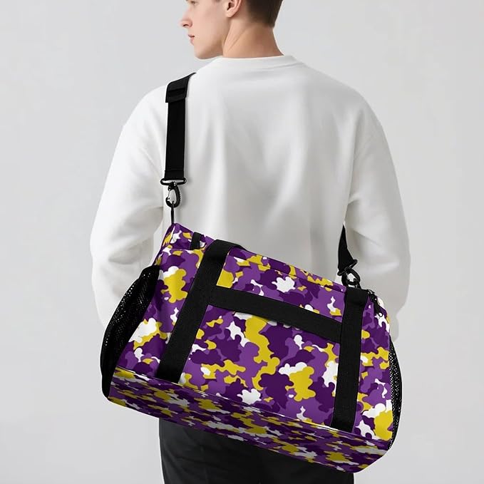 Purple Gold Camouflage Camo Pattern Crossbody Bag Customized Duffel Bags (Store Shoes) Weekender Overnight Bag Travel Bag Personalized Gift Gym Bags