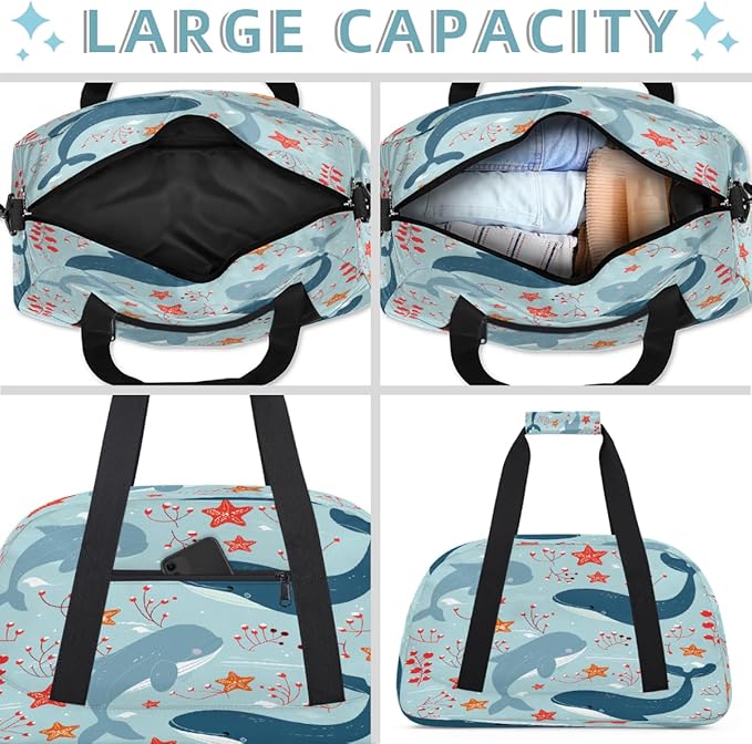 Gym Bag for Women Men, Cute Whale Ocean Pattern Travel Duffle Bags for Dance Ballet Overnight, Carry-On Weekender Bag with Detachable Shoulder Strap