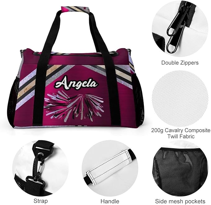 Handheld Crossbody Multifunctional Travel Bags, Personalized Duffle Bags, Cheer Rose Red Cheering Grey Luggage Bag, Custom Name Weekender Overnight Bags
