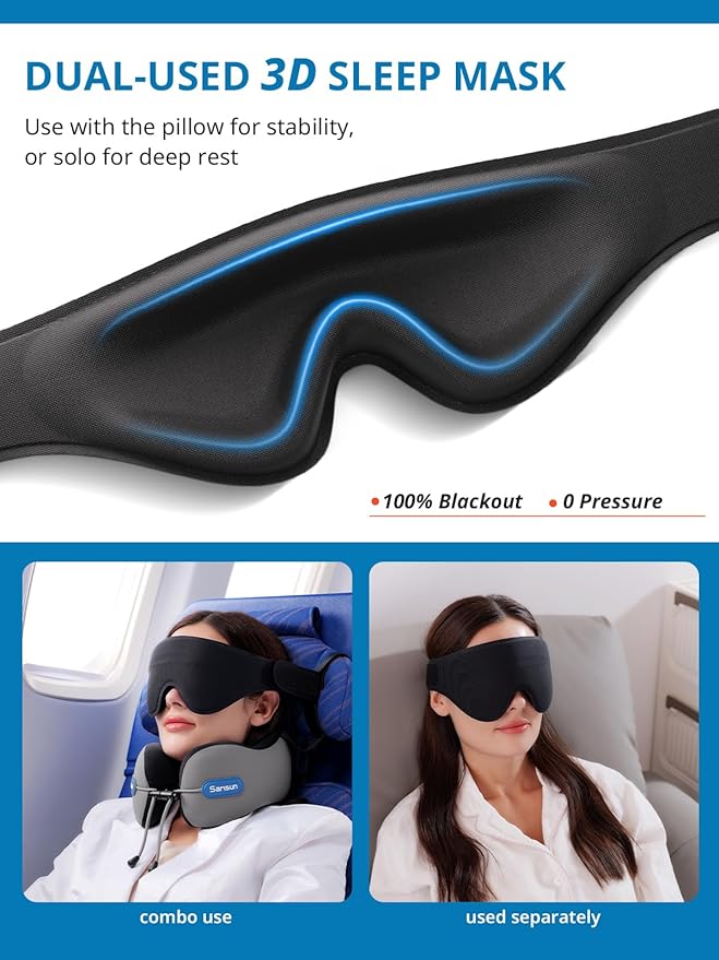Travel Neck Pillow,Real Neck Support Travel Pillow with Strap,Combo 3D Eye Mask for Sleep,Dual-Density Supportive Foam Neck Pillow for Airplane Flights,Car Road Trip Travel Essentials Beige