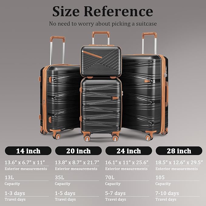 6 Piece Luggage Set PP Hardshell, Expandable Suitcase Set with Spinner Wheels (20/24/28), Includes 14" Cosmetic Case, Travel Duffel & Toiletry Bag, Lightweight TSA Lock Nested Set (Black)