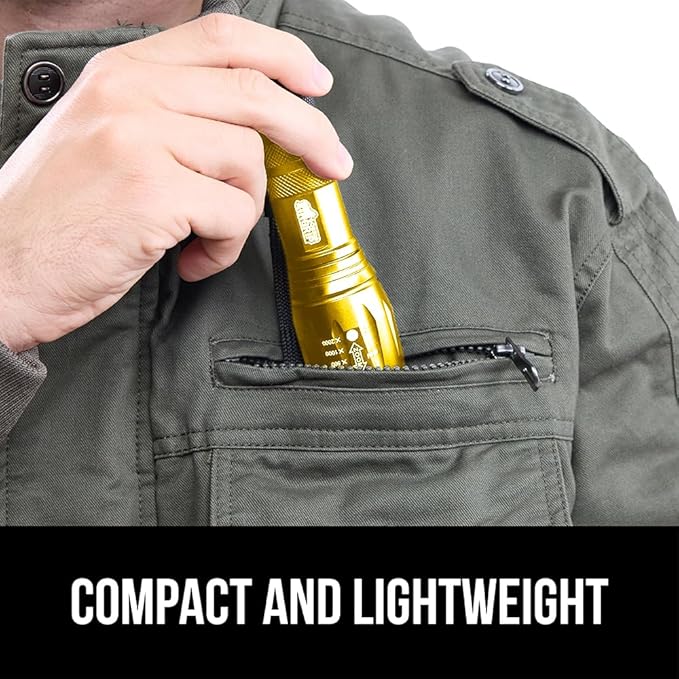 GORILLA GRIP Powerful LED Tactical Flashlight, 750 FT High Lumens 5 Adjustable Modes, Water Resistant, Ultra Bright Zoom Flashlights, Small Mini Flash Light, Camping, Night Dog Walking, 2 Pack Gold