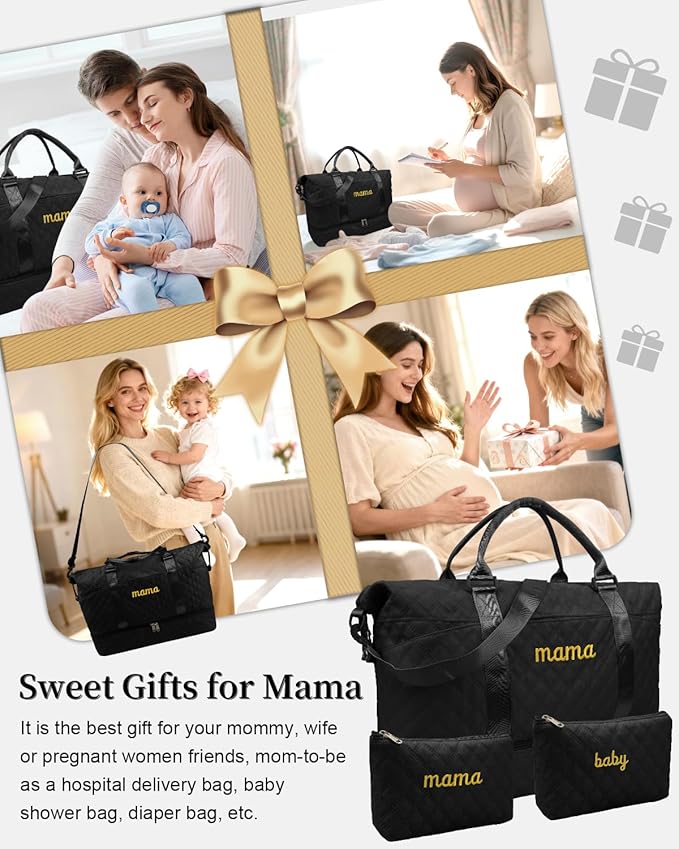 Mama Baby Pregnancy Hospital Bag Essentials for Women Labor Delivery Diaper Organizer with Shoe Compartment,2 Waterproof Toiletry Pouch Travel Duffle Bag for Mommy Weekender Overnight Gym Gifts,Black