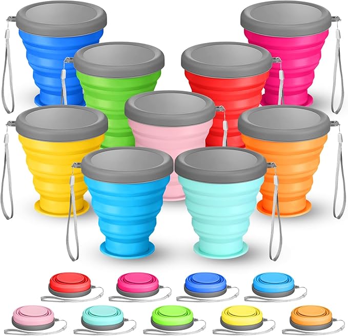 Umigy 9 Pcs 6.8 Oz/ 200 ml Silicone Collapsible Cup with Lid Collapsible Water Bottles Reusable Small Collapsible Travel Cup Portable Drinking Folding Camping Coffee Mugs for Hiking Outdoor Sports